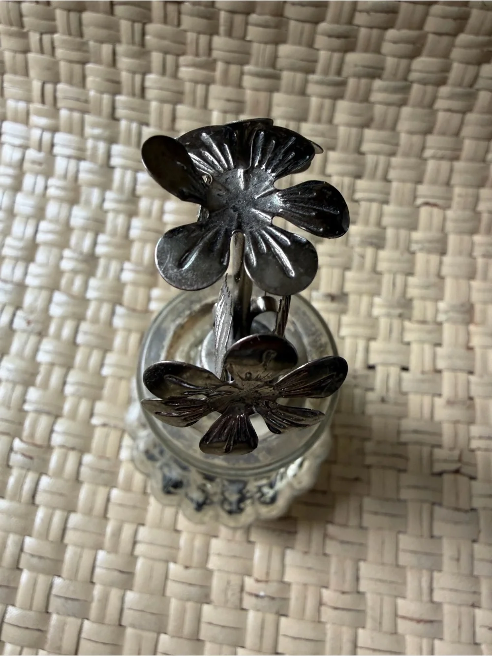 Vintage Mercury Glass Decanter Bottle & Silver Floral Leaves Stopper